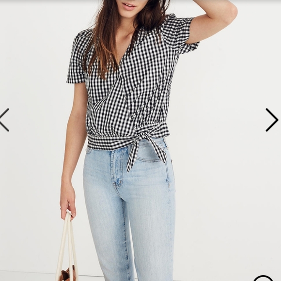 Madewell Short-Sleeve Wrap Top Checkered Gingham - Picture 1 of 6